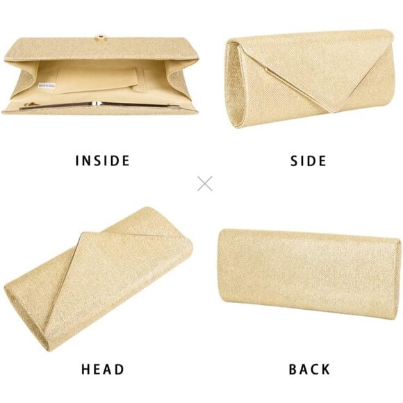 Women's Gold  Clutch Purses Sparkling Envelope Evening Bag Detachable Chain - Picture 4 of 9